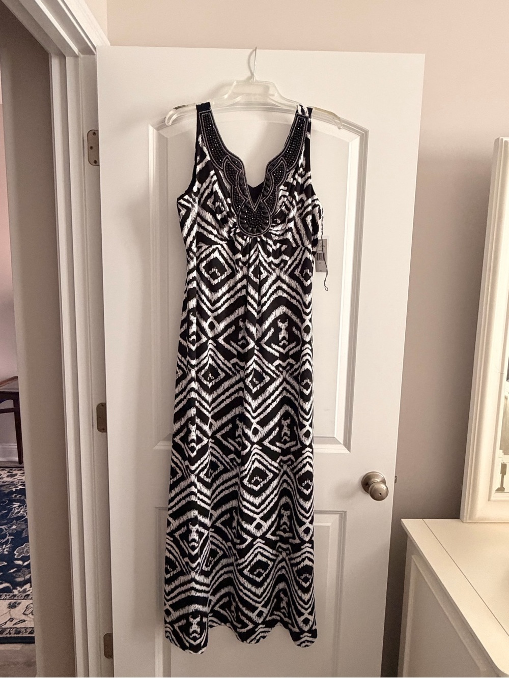 Black & White Geometric Maxi Dress with Embellished Neckline